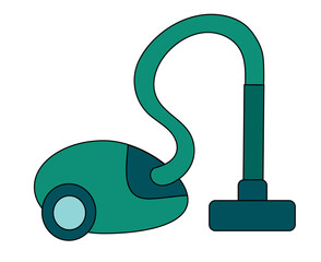 Vacuum cleaner isolated on white background. Household appliance. Housekeeping icon, sticker, logo, emblem. Vector Simple Doodle flat illustration.
