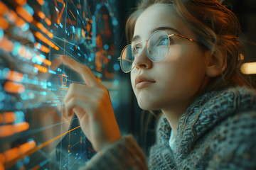 A person interacts with a complex, glowing digital interface, indicative of advanced technology and futuristic innovation.