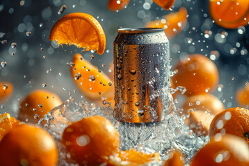 Vivid oranges and a soda can create a refreshing splash, captured in high detail against a dark backdrop.. - obrazy, fototapety, plakaty