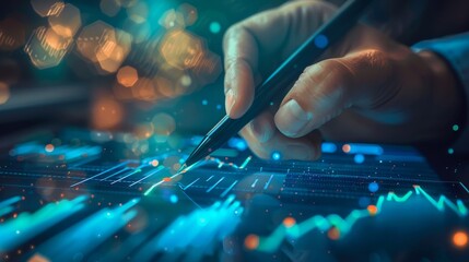 Businessman draws upward graph line with pen on digital screen