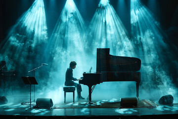 A solitary pianist immersed in a captivating play, surrounded by ethereal light beams and smoke on...