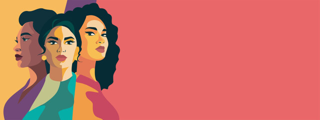Vector banner poster. Beautiful portraits of women of different nationalities stand side by side. Concept of the movement for gender equality and protection of women's rights empowerment - obrazy, fototapety, plakaty