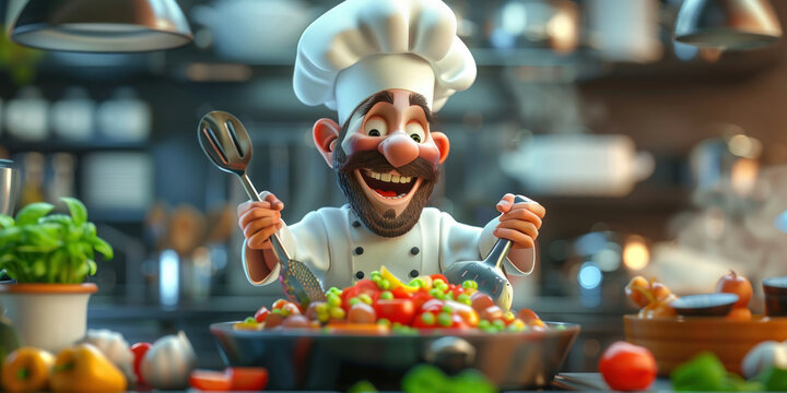 Professional chef preparing a delicious meal in a modern kitchen with utensils and fresh ingredients, 3d illustration