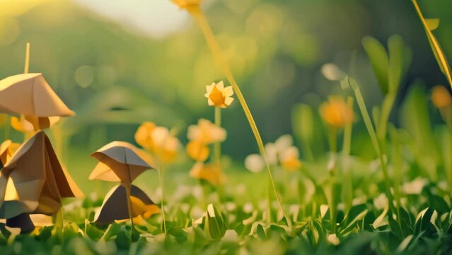 Paper origami figures in a sunny field with spring flowers. Artistic creation and family concept. Sunlit outdoor scene with selective focus