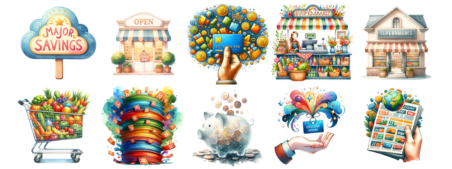 Watercolor discount and shopping signs on white background. for making cards