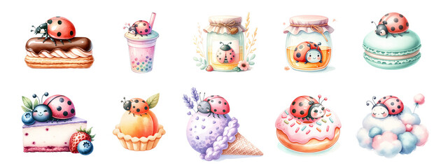 Watercolor animals with cute sweet treats on white background.