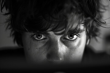 Close-up of a young man's focused face with deep blue eyes, intensely looking at a computer screen in a home office..