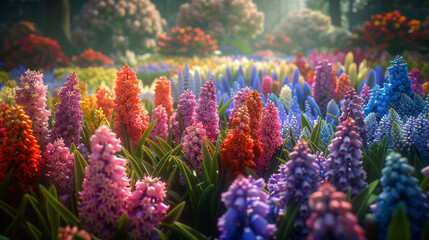 Obraz premium A tranquil garden filled with blooming hyacinth flowers, their vibrant colors and sweet fragrance filling the air