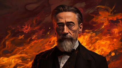 A man with a beard and mustache stands in front of a fiery background. The painting has a dramatic and intense mood, with the man's expression and the flames creating a sense of danger and urgency - obrazy, fototapety, plakaty