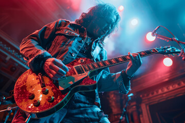 An electrifying rock musician passionately playing guitar amidst vibrant stage smoke and colorful...