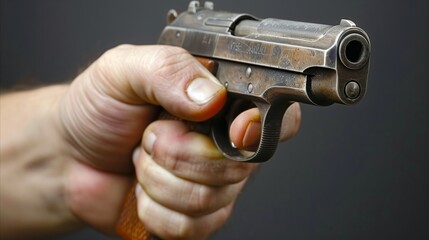 Close-Up of a Hand Holding a Pistol Aimed Forward - obrazy, fototapety, plakaty
