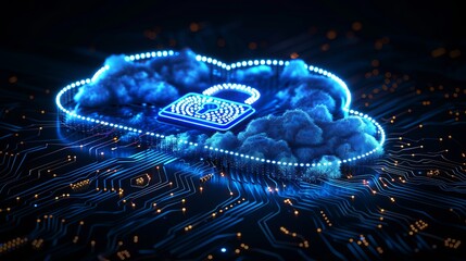 Conceptual illustration of cloud identity security, presenting a cloud icon secured with a fingerprint padlock, symbolizing data protection and privacy measures in cloud computing. - obrazy, fototapety, plakaty