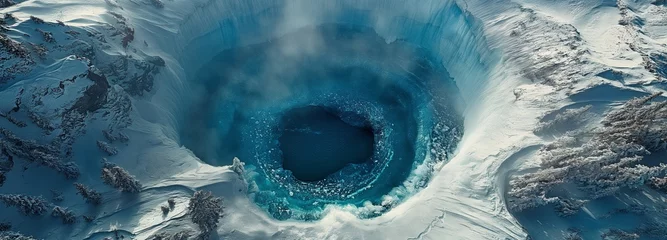 Papier Peint photo Europe du nord An aerial view of a deep blue ice hole in a snow-covered Arctic environment. Lake on a glacier