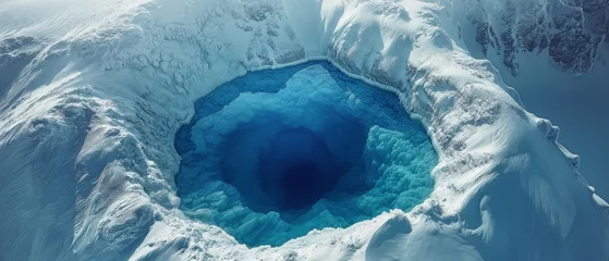 Photo sur Plexiglas Europe du nord An aerial view of a deep blue ice hole in a snow-covered Arctic environment. Lake on a glacier