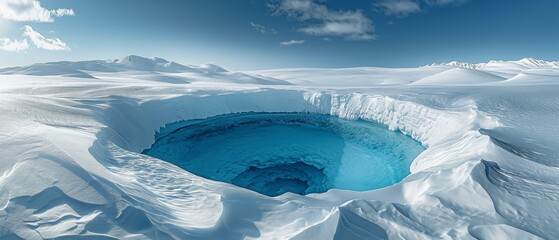 An aerial view of a deep blue ice hole in a snow-covered Arctic environment. Lake on a glacier