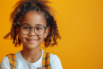 A young baby girl with glasses is pointing to something. she is happy. black little girl 10 years old pupil points with her finger to the side on yellow background, hand pointing empty place - obrazy, fototapety, plakaty