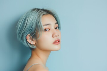 young Asian woman with beautiful light blue short hair on pastel blue background