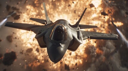 A fighter jet soars through a sky in fire explosion background - obrazy, fototapety, plakaty