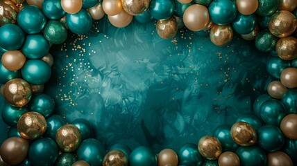 golden and green balloons over a concrete texture green wall in the shape of an frame