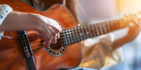 guitar in woman hands, Woman playng guitar an the coast, learning to play the guitar