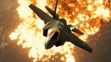 A fighter jet soars through a sky in fire explosion background - obrazy, fototapety, plakaty