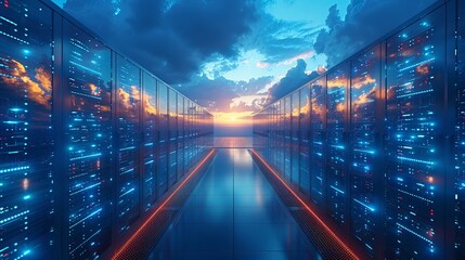 Cloud computing and computer networking concept: rows of network servers against blue sky with clouds - obrazy, fototapety, plakaty