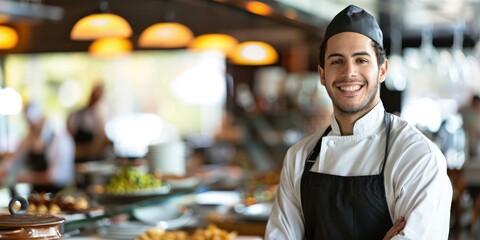 Smiling waiter standing with cross-arms happily working in cafe