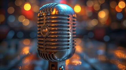 Vintage Microphone on Stage With Bokeh Lights