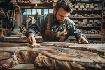 An experienced craftsman meticulously works on a wooden piece within the classical and ornate interior of a luxurious workshop.