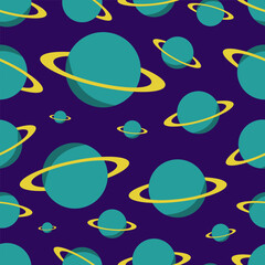 A cartoon large pattern with Saturn. Planets in space. Space vector graphics for printing, seamless galaxy background with planets.