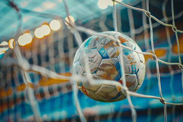 Soccer ball captured in the moment of impact with the net, creating a splash of water droplets in a backlit scene.