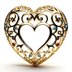 Golden heart made of openwork gold with precious stones on a white background - obrazy, fototapety, plakaty