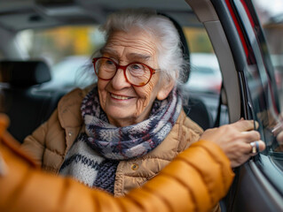 Una signora anziana scende dall'auto, l'assistente la aiuta, tenendole le mani. Una donna anziana ha difficoltà ad alzarsi dal sedile posteriore dell'auto - obrazy, fototapety, plakaty