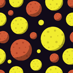 A seamless cosmic pattern. Planets and the moon, icons of planets. Children's items for scrap booking. Hand-drawn vector illustrations.