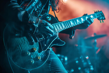 An electrifying rock musician passionately playing guitar amidst vibrant stage smoke and colorful lighting..