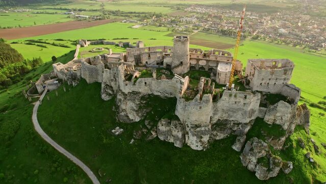 Aerial view of the Spis castle at sunrise, Unesco World Heritage Site, Slovakia