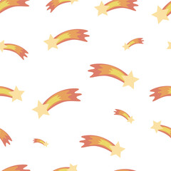 A seamless vector pattern with shooting stars, hand-drawn in the style of doodles, isolated on a white background, is suitable for clothes.
