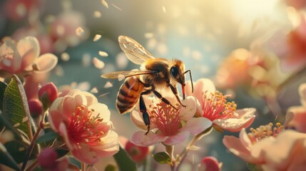 A buzzing insect pollinating blooming flowers, its delicate wings beating rapidly as it flits from blossom to blossom - obrazy, fototapety, plakaty