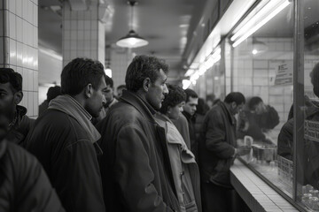 In a black and white scene, diverse individuals stand in line at a food counter, each lost in thought and anticipation.