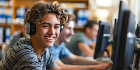 Happy college student during a lecture in the classroom looking at camera
