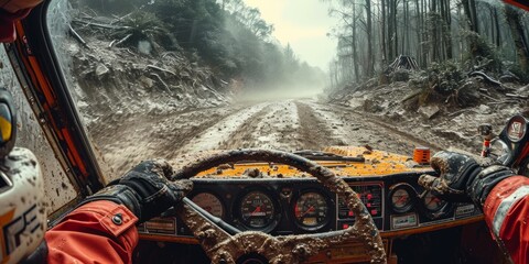 A person driving a car down a dusty dirt road, surrounded by trees and nature. - obrazy, fototapety, plakaty