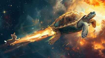 Turtle flying through the sky using a jet engine, a hare trying to catch up with it