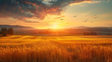 A tranquil rural landscape at sunset, with golden fields stretching to the horizon and birds soaring overhead in the warm evening breeze - obrazy, fototapety, plakaty