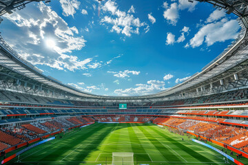 stadium, with the stands and bright sunlight in the background..