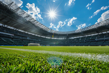 stadium, with the stands and bright sunlight in the background..
