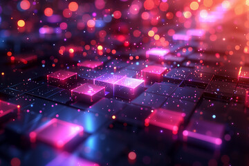 Close-up view of a computer keyboard with keys in focus and a blurred background holographic geometric patterns design wallpaper