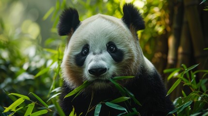 Adorable pandas munching on bamboo shoots, their black and white fur contrasting against the lush...