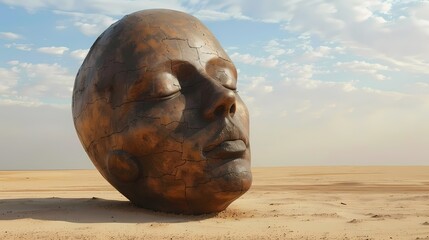 Ein Kopf aus Stein in einer wüsten Landschaft.
