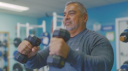 In a physical therapy facility, a middle-aged Hispanic man works out with dumbbells, emphasising...