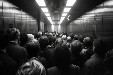 A tightly packed group of individuals captured in a high-contrast black and white photograph inside a crowded elevator.. - obrazy, fototapety, plakaty
